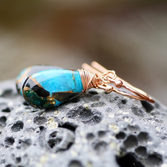 Natural Obsidian Copper Turquoise Earrings Handmade 14k Rose Gold Filled - Picture 10 of 12